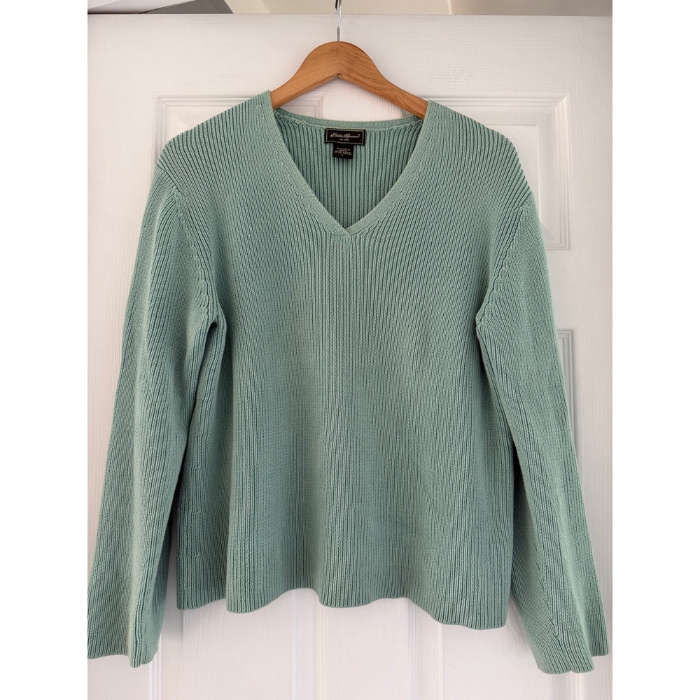Eddie Bauer Womens Retro Chunky V Neck Seafoam Green Sweater 90s Mom Coastal‎